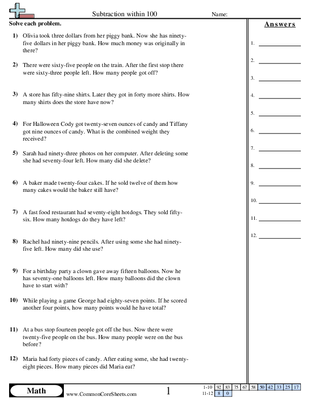 2.oa.1 Worksheets - Word Subtraction Within 100 worksheet